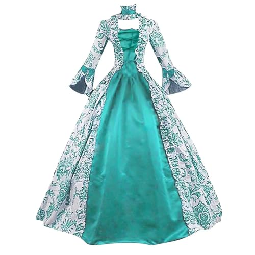 NJIEzhao Vintage Langarm-Print-Kleid Elegantes Abendkleid Rollenspielkleid Volle Ärmel Knöchellang Vintage Hexenkleid(Green,4XL) von NJIEzhao