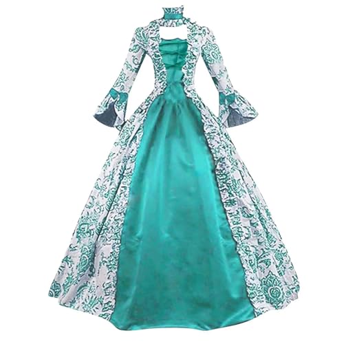 NJIEzhao Vintage Langarm-Printkleid Elegantes Abendkleid Rollenspielkleid Knöchellanger Rock Volle Ärmel Vintage Hexenkleid(Green,3XL) von NJIEzhao