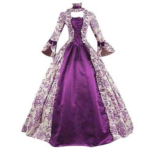 NJIEzhao Vintage Langarm-Printkleid Elegantes Abendkleid Rollenspielkleid Knöchellanger Rock Volle Ärmel Vintage Hexenkleid(PURPLE,XXL) von NJIEzhao