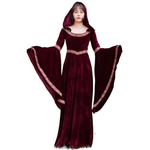 NJIEzhao Vintage Mittelalterliches Hofkleid mit Kapuze, rote Robe, Renaissance-Kleid Rotkäppchen Vintage Hexenkleid(Adult dress,S-13x16cm) von NJIEzhao