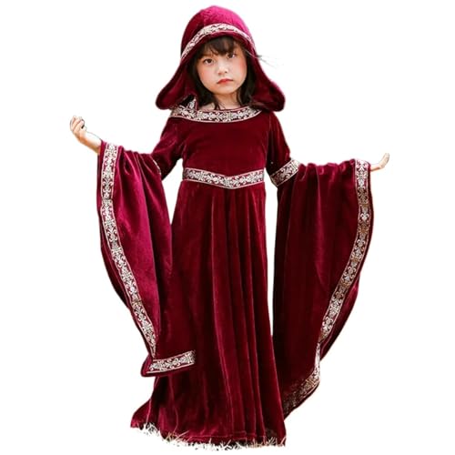 NJIEzhao Vintage Mittelalterliches Hofkleid mit Kapuze, rote Robe, Renaissance-Kleid Rotkäppchen Vintage Hexenkleid(Girls dress,S-13x16cm) von NJIEzhao
