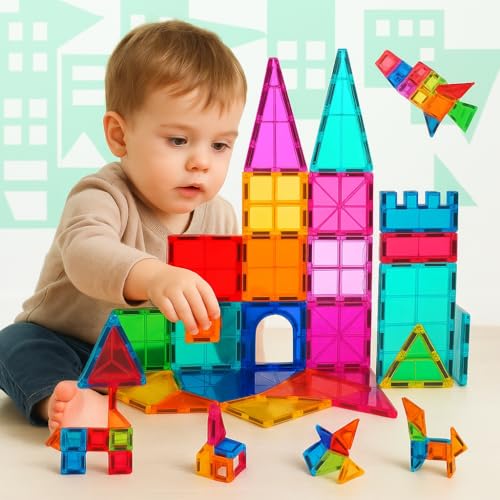 NK Magnetische Bausteine für Kinder (100 Teile) - Magnetische 3D Magnetic Tiles, Montessori Lehrspielzeug, Geburtstags Kinder von NK