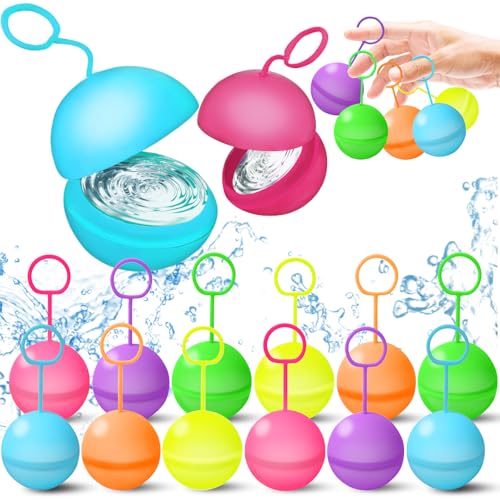 NLMWTI 12 Stück Wiederverwendbare Wasserballons Mit Zuglasche, Schnell Befüllbare Weiche Wasserbomben, Pool Spielzeug, Strandspielzeug von NLMWTI