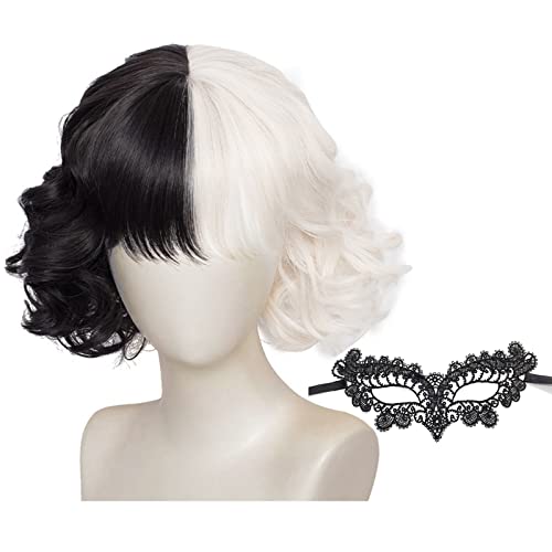 Halb Schwarz Halb Weiß Perücke - Halloween Kurze Gewellte Schwarz-Weiße Perücke für Cosplay, Karneval und Party Fancy Dress Halb Schwarz Halb Weiß Perücke - Halloween Kurze Gewellte Schwarz-Weiße Perücke für Cosplay, Karneval und Party Fancy Dress von NMBCH