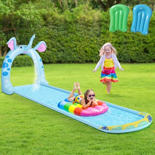 NMM Elefanten Wasserrutsche mit 2 Bodyboard, Sommerspielzeug mit eingebautem, Rasen-Wasserrutsche für Sommer-Wasserspaß im Garten für Kinder und Erwachsene(197in x 50in) von NMM