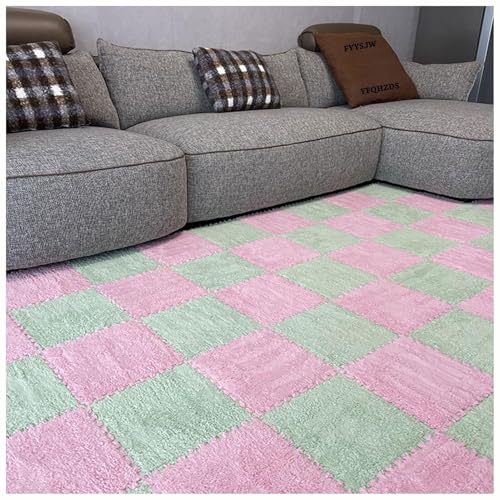 0,4 Zoll Verdickte, Ineinandergreifende Bodenmatte Aus Plüsch, Flauschiger Puzzle-Teppich, Quadratische Schaumstofffliesenmatten Mit Kanten, 10 Stück(Light Green+Pink) von NMVAWIPT
