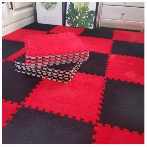 10 Stück, 12 X 12 Zoll, Weiche Plüsch-Puzzle-Spielmatten, Ineinander Greifende Bodenmatten, Flauschige Teppichfliesen Aus Plüsch(Red+Black) von NMVAWIPT