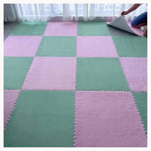 10 Stück 0,4 Zoll Dicke, Zottelige, Ineinandergreifende Schaumstoff-Teppichfliesen Mit Rand, 24 X 24 Zoll Große Plüsch-Schaumstoff-Bodenmatte(Green+Pink) von NMVAWIPT
