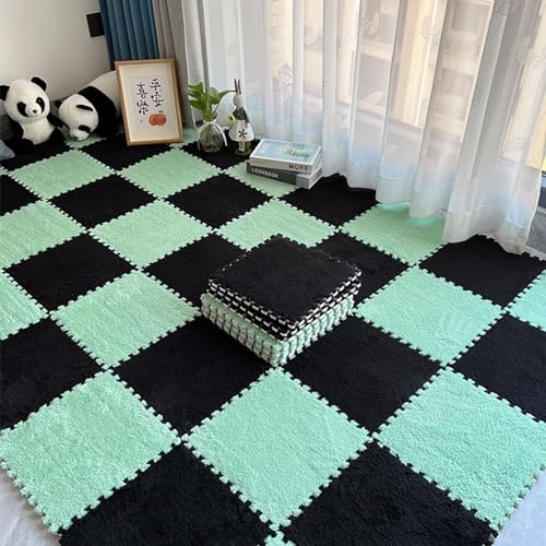 10 Stück 12"x12" Quadratischer Ineinander Greifender Teppich, Flauschiger Flächenvorleger, Bodenmatte Aus Plüschpuzzleschaum Mit Rand, rutschfeste Spielmatte(Black+Light Green) von NMVAWIPT