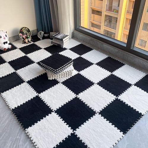 10 Stück 12"x12" Quadratischer Ineinander Greifender Teppich, Flauschiger Flächenvorleger, Bodenmatte Aus Plüschpuzzleschaum Mit Rand, rutschfeste Spielmatte(Black+White) von NMVAWIPT