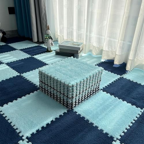 10 Stück 12"x12" Quadratischer Ineinander Greifender Teppich, Flauschiger Flächenvorleger, Bodenmatte Aus Plüschpuzzleschaum Mit Rand, rutschfeste Spielmatte(Dark Blue+Light Blue) von NMVAWIPT
