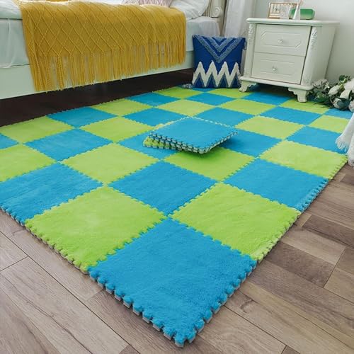 10 Stück 12"x12" Quadratischer Ineinander Greifender Teppich, Flauschiger Flächenvorleger, Bodenmatte Aus Plüschpuzzleschaum Mit Rand, rutschfeste Spielmatte(Green+Dark Blue) von NMVAWIPT