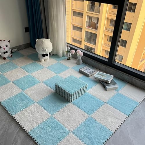 10 Stück 12"x12" Quadratischer Ineinander Greifender Teppich, Flauschiger Flächenvorleger, Bodenmatte Aus Plüschpuzzleschaum Mit Rand, rutschfeste Spielmatte(Light Blue+White) von NMVAWIPT