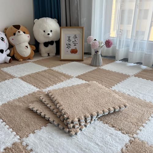 10 Stück 12"x12" Quadratischer Ineinander Greifender Teppich, Flauschiger Flächenvorleger, Bodenmatte Aus Plüschpuzzleschaum Mit Rand, rutschfeste Spielmatte(Light Coffee+White) von NMVAWIPT