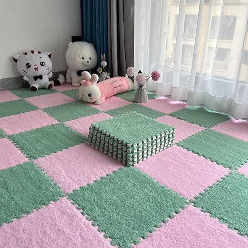 10 Stück 12"x12" Quadratischer Ineinander Greifender Teppich, Flauschiger Flächenvorleger, Bodenmatte Aus Plüschpuzzleschaum Mit Rand, rutschfeste Spielmatte(Pink+Green) von NMVAWIPT
