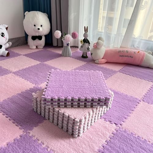 10 Stück 12"x12" Quadratischer Ineinander Greifender Teppich, Flauschiger Flächenvorleger, Bodenmatte Aus Plüschpuzzleschaum Mit Rand, rutschfeste Spielmatte(Pink+Purple) von NMVAWIPT