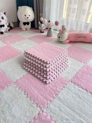 10 Stück 12"x12" Quadratischer Ineinander Greifender Teppich, Flauschiger Flächenvorleger, Bodenmatte Aus Plüschpuzzleschaum Mit Rand, rutschfeste Spielmatte(Pink+White) von NMVAWIPT