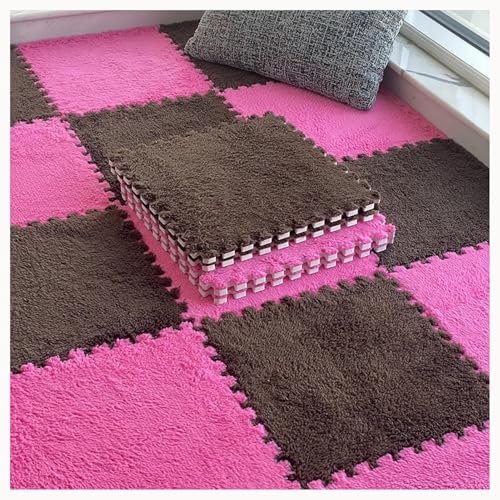 10 Stück – 24 X 24 Zoll, Ineinandergreifende Plüsch-Teppichfliesen Aus Schaumstoff Mit Rand, Puzzle-Spielmatte, Teppiche, Heimdekoration(Dark Brown+Rose Red) von NMVAWIPT