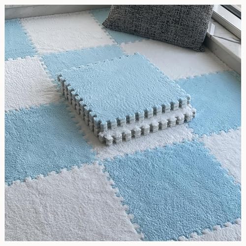 10 Stück – 24 X 24 Zoll, Ineinandergreifende Plüsch-Teppichfliesen Aus Schaumstoff Mit Rand, Puzzle-Spielmatte, Teppiche, Heimdekoration(Sky Blue+White) von NMVAWIPT