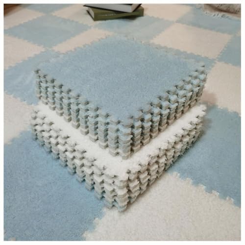 10 Stück Ineinander Greifende Teppichfliesen, 12 X 12 Zoll Große Plüsch-Puzzlematten for Den Boden, Weiche, Flauschige Schaumstoff-Bodenmatte, Schützende Bodenfliesen(Blue+White) von NMVAWIPT