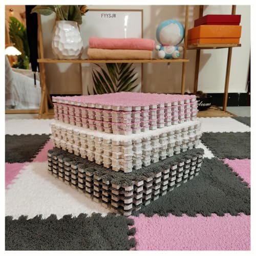 10 Stück Ineinander Greifende Teppichfliesen, 12 X 12 Zoll Große Plüsch-Puzzlematten for Den Boden, Weiche, Flauschige Schaumstoff-Bodenmatte, Schützende Bodenfliesen(Gray+White+Pink) von NMVAWIPT