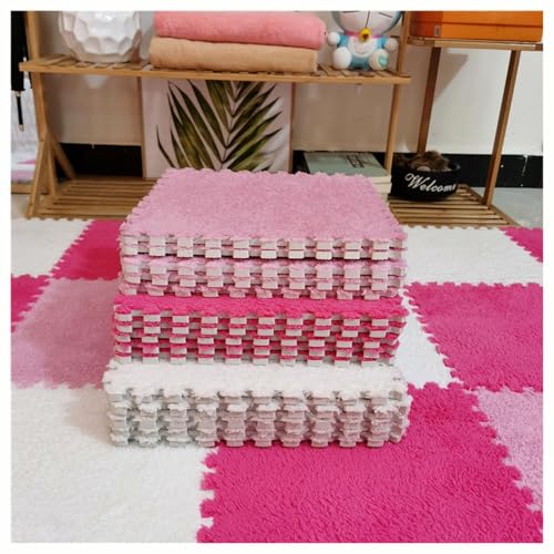 10 Stück Ineinander Greifende Teppichfliesen, 12 X 12 Zoll Große Plüsch-Puzzlematten for Den Boden, Weiche, Flauschige Schaumstoff-Bodenmatte, Schützende Bodenfliesen(Pink+Rose Red+White) von NMVAWIPT