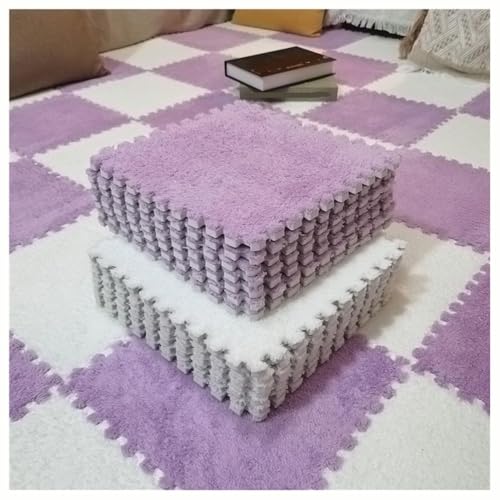 10 Stück Ineinander Greifende Teppichfliesen, 12 X 12 Zoll Große Plüsch-Puzzlematten for Den Boden, Weiche, Flauschige Schaumstoff-Bodenmatte, Schützende Bodenfliesen(Purple+White) von NMVAWIPT