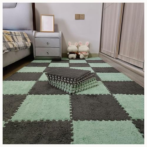 10 Stück Ineinander Greifende Teppichfliesen Aus Plüschschaum, Rutschfester Eva-Puzzleboden, 61 X 61 cm, Flauschige Puzzlematten for Wohnzimmer, Schlafzimmer(Green+Gray) von NMVAWIPT