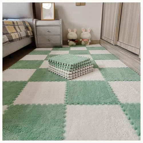 10 Stück Ineinander Greifende Teppichfliesen Aus Plüschschaum, Rutschfester Eva-Puzzleboden, 61 X 61 cm, Flauschige Puzzlematten for Wohnzimmer, Schlafzimmer(Green+White) von NMVAWIPT