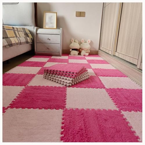 10 Stück Ineinander Greifende Teppichfliesen Aus Plüschschaum, Rutschfester Eva-Puzzleboden, 61 X 61 cm, Flauschige Puzzlematten for Wohnzimmer, Schlafzimmer(Rose Red+Pink) von NMVAWIPT
