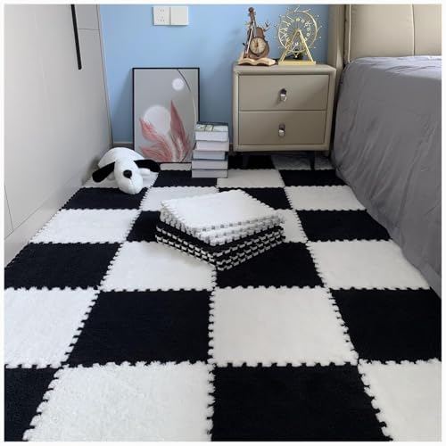 10 Stück Plüsch-Puzzle-Bodenmatten Aus Eva-Schaum, 24 X 24 Zoll Flauschige Ineinandergreifende Schaumstoff-Teppichfliesen, Dicke, rutschfeste Trainingsmatte(Black+White) von NMVAWIPT