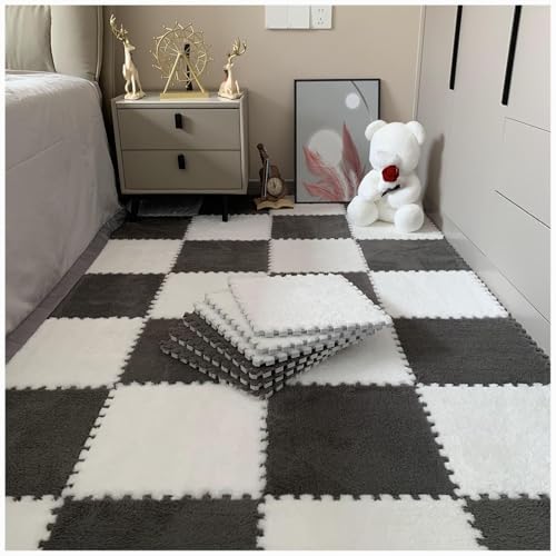 10 Stück Plüsch-Puzzle-Bodenmatten Aus Eva-Schaum, 24 X 24 Zoll Flauschige Ineinandergreifende Schaumstoff-Teppichfliesen, Dicke, rutschfeste Trainingsmatte(Gray+White) von NMVAWIPT