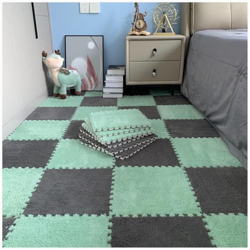 10 Stück Plüsch-Puzzle-Bodenmatten Aus Eva-Schaum, 24 X 24 Zoll Flauschige Ineinandergreifende Schaumstoff-Teppichfliesen, Dicke, rutschfeste Trainingsmatte(Green+Gray) von NMVAWIPT