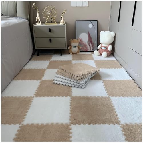 10 Stück Plüsch-Puzzle-Bodenmatten Aus Eva-Schaum, 24 X 24 Zoll Flauschige Ineinandergreifende Schaumstoff-Teppichfliesen, Dicke, rutschfeste Trainingsmatte(Light Brown+White) von NMVAWIPT