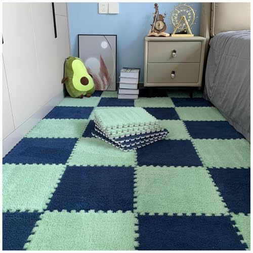 10 Stück Plüsch-Puzzle-Bodenmatten Aus Eva-Schaum, 24 X 24 Zoll Flauschige Ineinandergreifende Schaumstoff-Teppichfliesen, Dicke, rutschfeste Trainingsmatte(Navy Blue+Green) von NMVAWIPT