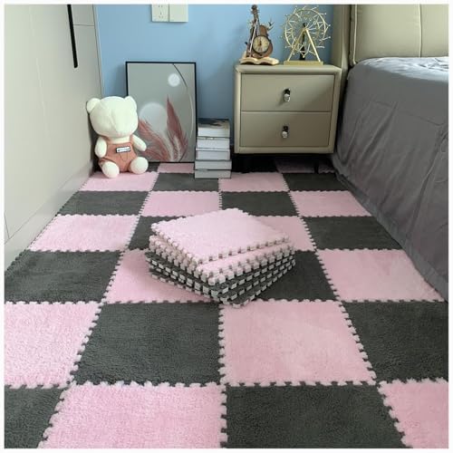 10 Stück Plüsch-Puzzle-Bodenmatten Aus Eva-Schaum, 24 X 24 Zoll Flauschige Ineinandergreifende Schaumstoff-Teppichfliesen, Dicke, rutschfeste Trainingsmatte(Pink+Gray) von NMVAWIPT