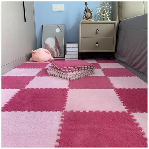 10 Stück Plüsch-Puzzle-Bodenmatten Aus Eva-Schaum, 24 X 24 Zoll Flauschige Ineinandergreifende Schaumstoff-Teppichfliesen, Dicke, rutschfeste Trainingsmatte(Rose Red+Pink) von NMVAWIPT