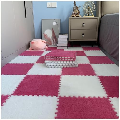 10 Stück Plüsch-Puzzle-Bodenmatten Aus Eva-Schaum, 24 X 24 Zoll Flauschige Ineinandergreifende Schaumstoff-Teppichfliesen, Dicke, rutschfeste Trainingsmatte(Rose Red+White) von NMVAWIPT