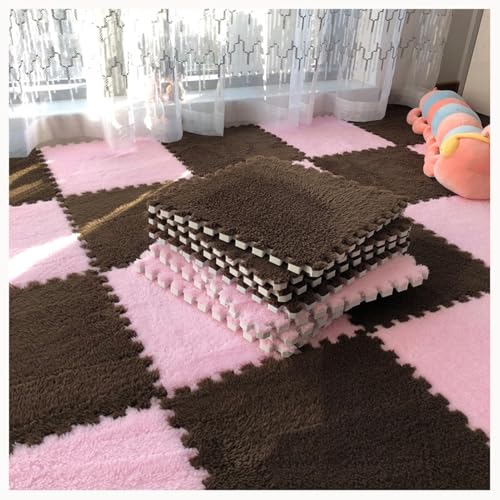 10 Stück Zottelige, Ineinander Greifende Teppichfliesen, rutschfeste Bodenmatte Aus Plüschpuzzleschaum, Weiches Puzzle for Wohnzimmer, Schlafzimmer, Spielzimmer(Dark Brown+Pink) von NMVAWIPT