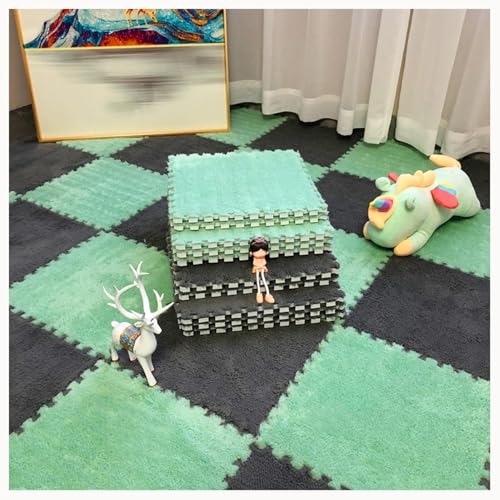 10 Stück Zottelige, Ineinander Greifende Teppichfliesen, rutschfeste Bodenmatte Aus Plüschpuzzleschaum, Weiches Puzzle for Wohnzimmer, Schlafzimmer, Spielzimmer(Gray+Green) von NMVAWIPT