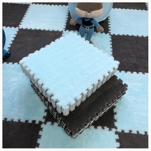10 Stück Zottelige, Ineinander Greifende Teppichfliesen, rutschfeste Bodenmatte Aus Plüschpuzzleschaum, Weiches Puzzle for Wohnzimmer, Schlafzimmer, Spielzimmer(Gray+Light Blue) von NMVAWIPT