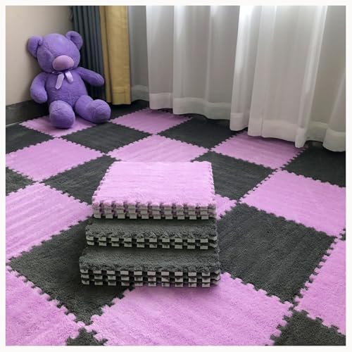 10 Stück Zottelige, Ineinander Greifende Teppichfliesen, rutschfeste Bodenmatte Aus Plüschpuzzleschaum, Weiches Puzzle for Wohnzimmer, Schlafzimmer, Spielzimmer(Gray+Light Purple) von NMVAWIPT