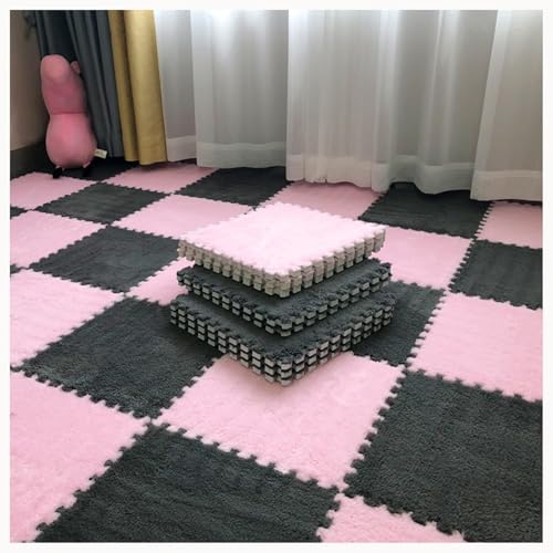 10 Stück Zottelige, Ineinander Greifende Teppichfliesen, rutschfeste Bodenmatte Aus Plüschpuzzleschaum, Weiches Puzzle for Wohnzimmer, Schlafzimmer, Spielzimmer(Gray+Pink) von NMVAWIPT