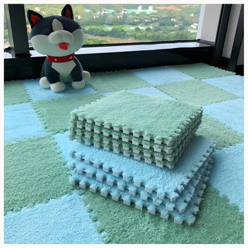 10 Stück Zottelige, Ineinander Greifende Teppichfliesen, rutschfeste Bodenmatte Aus Plüschpuzzleschaum, Weiches Puzzle for Wohnzimmer, Schlafzimmer, Spielzimmer(Green+Light Blue) von NMVAWIPT