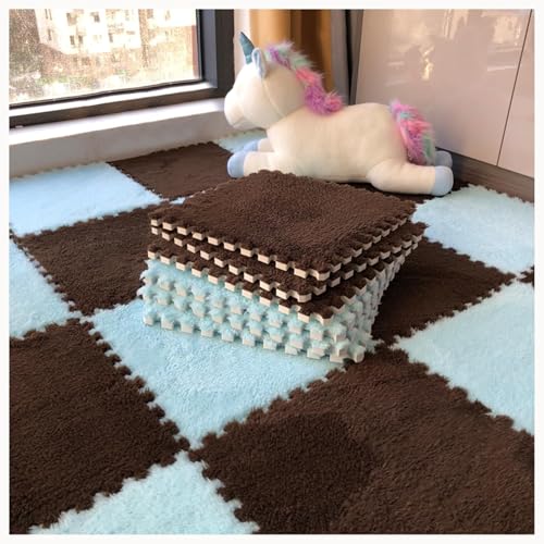 10 Stück Zottelige, Ineinander Greifende Teppichfliesen, rutschfeste Bodenmatte Aus Plüschpuzzleschaum, Weiches Puzzle for Wohnzimmer, Schlafzimmer, Spielzimmer(Light Blue+Dark Brown) von NMVAWIPT