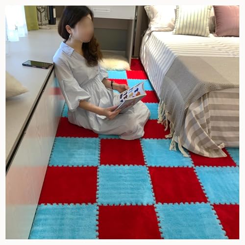 10 Stück Zottelige, Ineinander Greifende Teppichfliesen, rutschfeste Bodenmatte Aus Plüschpuzzleschaum, Weiches Puzzle for Wohnzimmer, Schlafzimmer, Spielzimmer(Red+Dark Blue) von NMVAWIPT