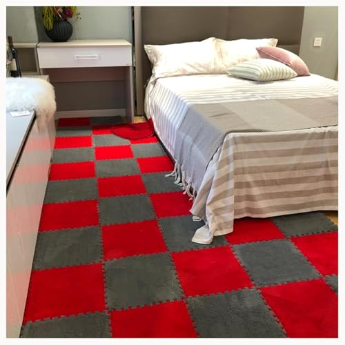 10 Stück Zottelige, Ineinander Greifende Teppichfliesen, rutschfeste Bodenmatte Aus Plüschpuzzleschaum, Weiches Puzzle for Wohnzimmer, Schlafzimmer, Spielzimmer(Red+Gray) von NMVAWIPT