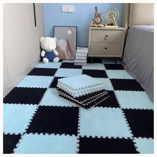 10 Stück Zottelige Ineinander Greifende Schaumstoff-Teppichfliesen Mit Rand, 24 X 24 Zoll Plüsch-Puzzle-Schaumstoff-Bodenmatte(Sky Blue+Black) von NMVAWIPT