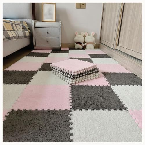 10 Stück rutschfeste Puzzle-Bodenfliesen Aus Eva-Schaum Mit Rand, 60 X 60 X 1 cm Puzzle-Teppichquadrate, Zottelige Ineinandergreifende Plüschmatte(Gray+Pink+White) von NMVAWIPT