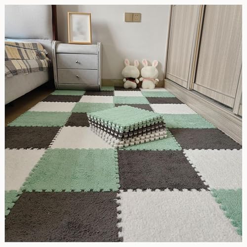 10 Stück rutschfeste Puzzle-Bodenfliesen Aus Eva-Schaum Mit Rand, 60 X 60 X 1 cm Puzzle-Teppichquadrate, Zottelige Ineinandergreifende Plüschmatte(Green+Gray+White) von NMVAWIPT